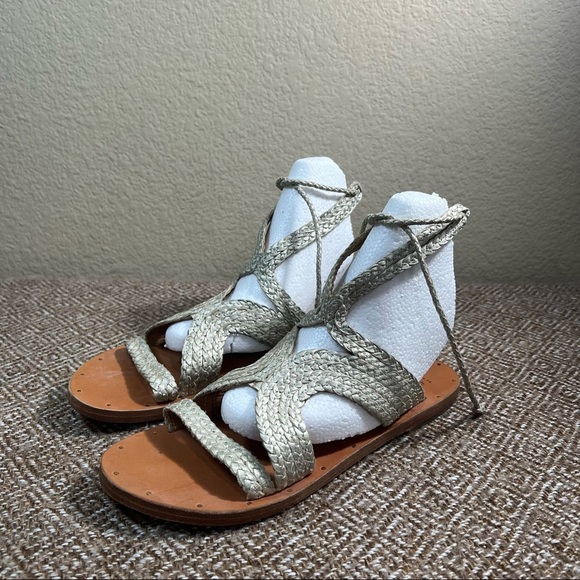 BEEK BY TWO BIRDS Cuckoo Ankle Tie Sandal BRAIDED LEATHER Womens SZ 7 Beach EUC - Picture 2 of 6